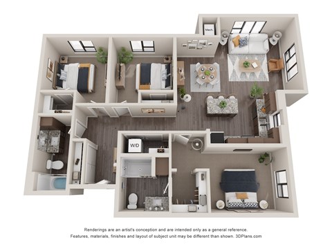 A 3D floor plan of a house with labeled rooms.